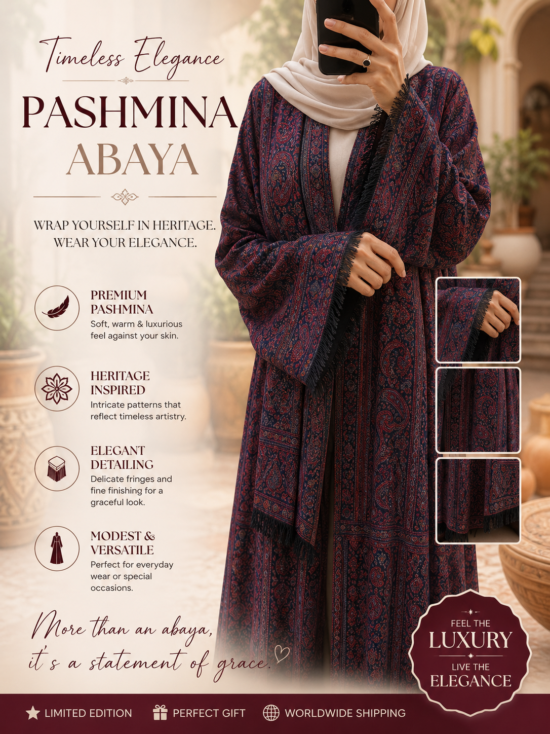 Plum pashmina abaya with hijab and belt