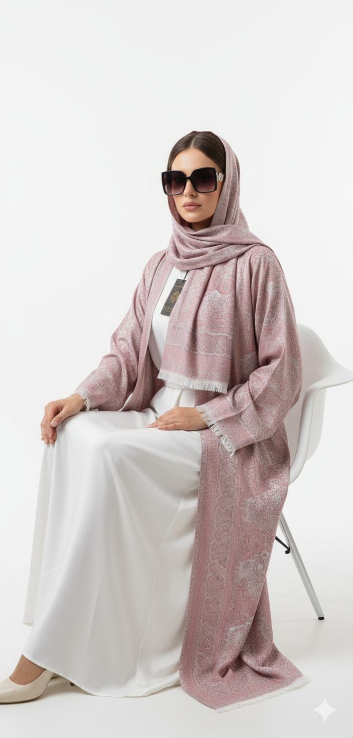 Pink pashmina abaya with hijab and belt