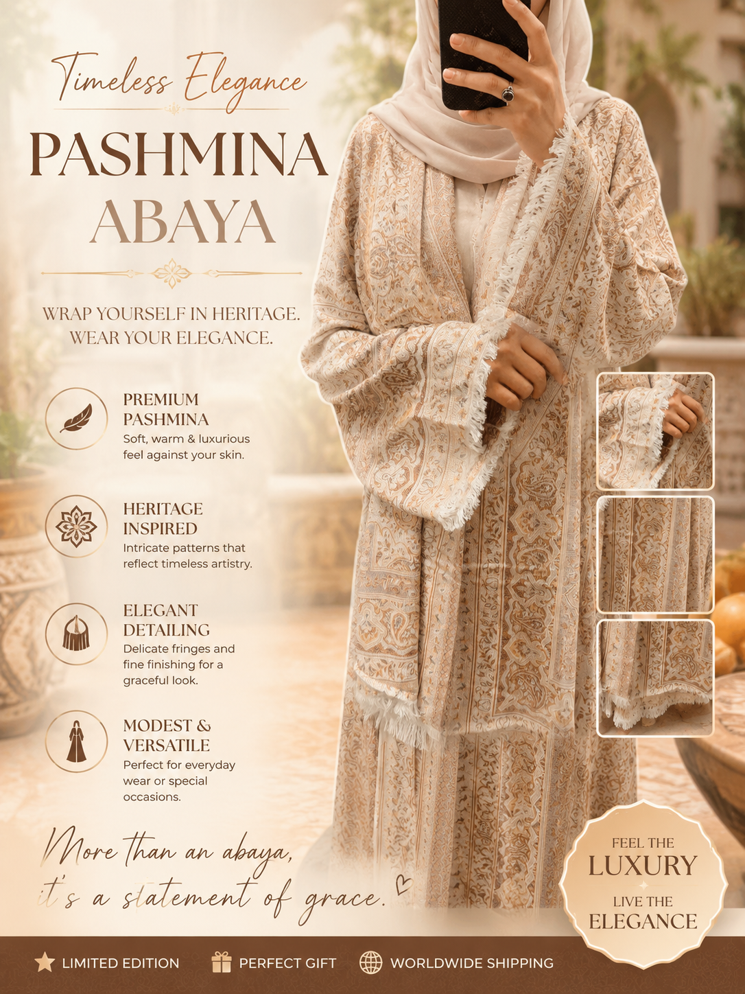 Pashmina abaya with hijab and belt