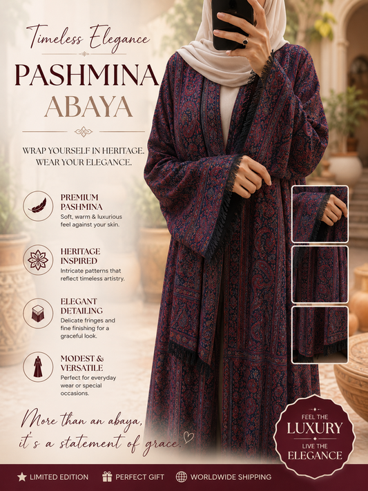 Plum pashmina abaya with hijab and belt